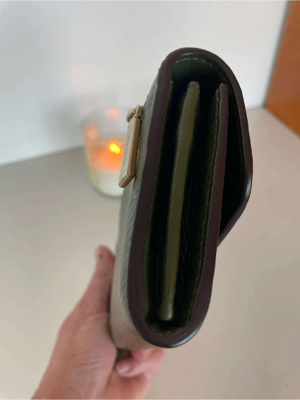 kate spade Olive Green Pebbled Leather Mini Wallet with Gold Hardware